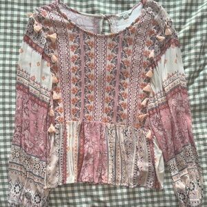 American Eagle Outfitters Pink and Cream Boho Blouse